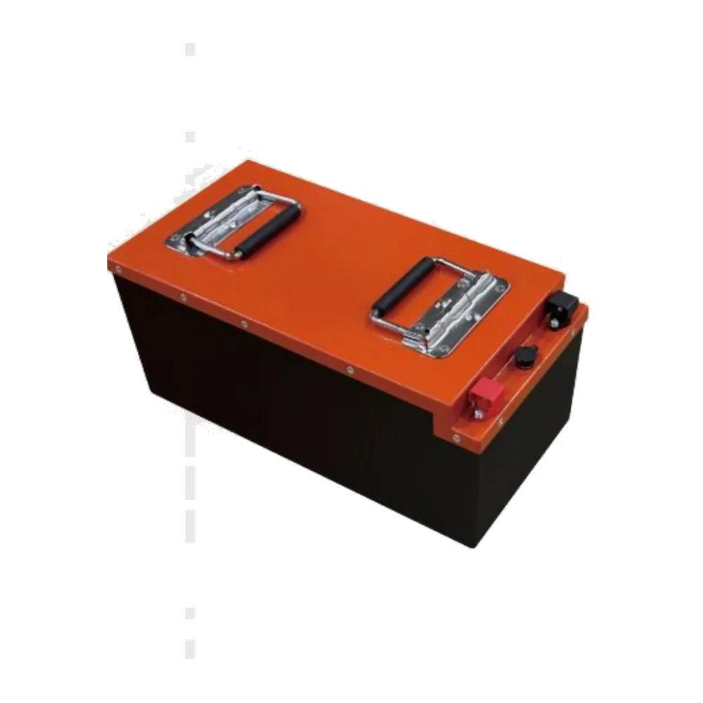 48V LFP battery pack with orange lid and recessed carry handles
