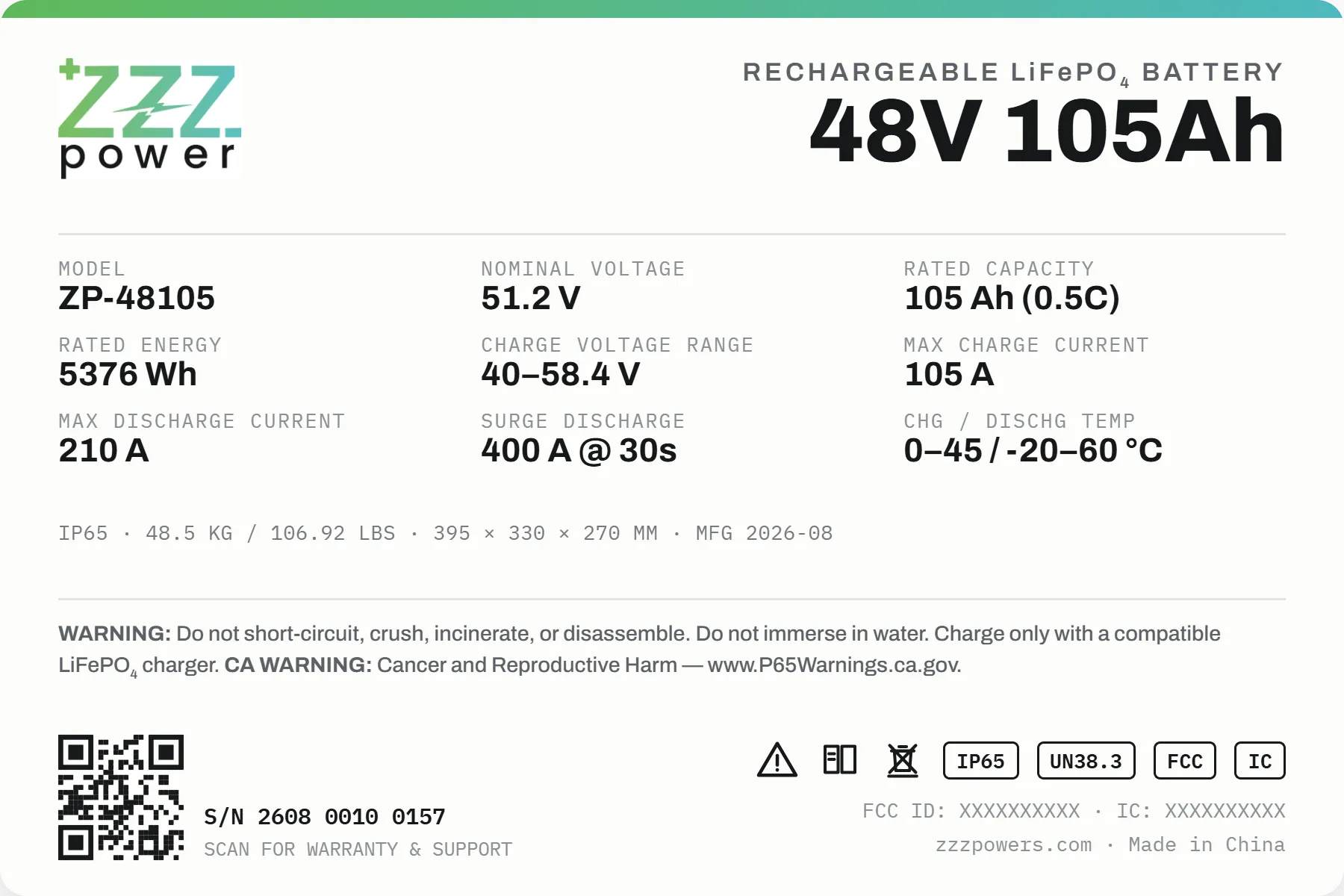 Product label for 48V 105Ah