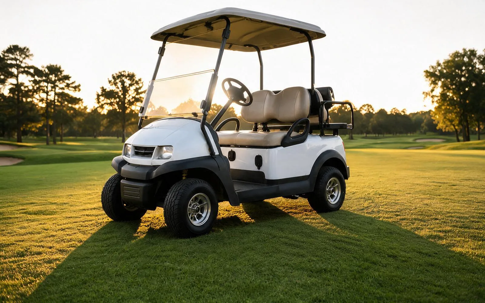 A golf cart on a fairway at dawn