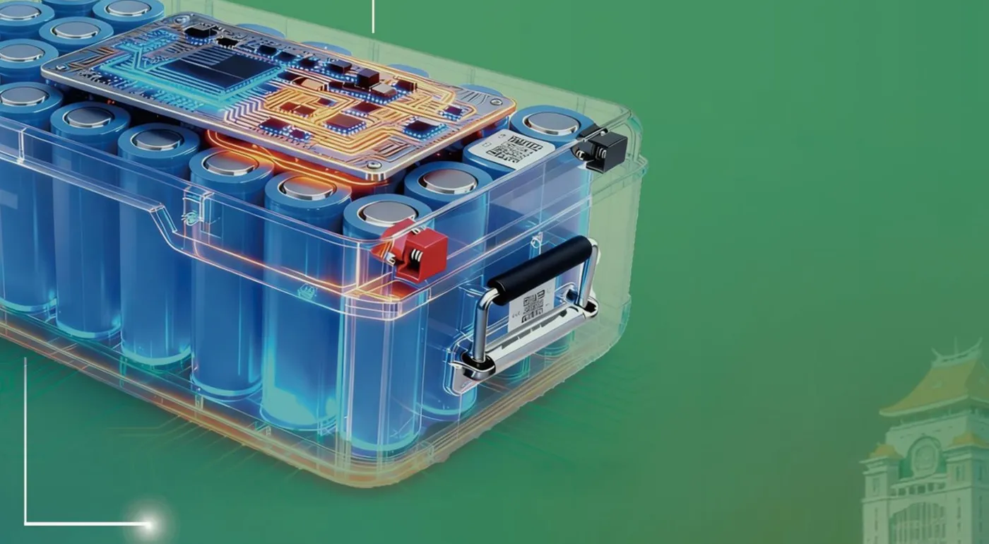 Cutaway view of a battery pack showing cells, balancing circuitry and the BMS